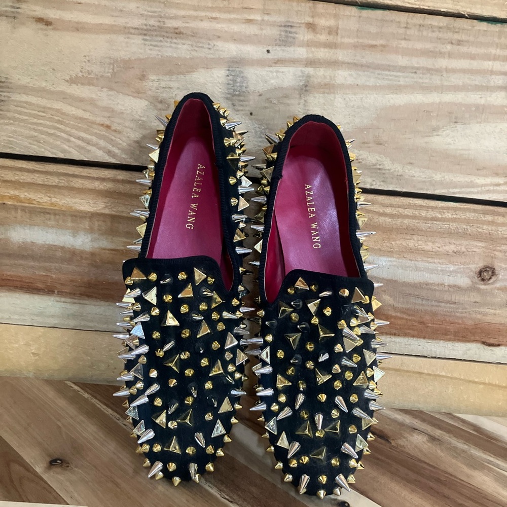 Black Studded Slip-On Loafers with Gold And Silver Spikes - Picture 5 of 15